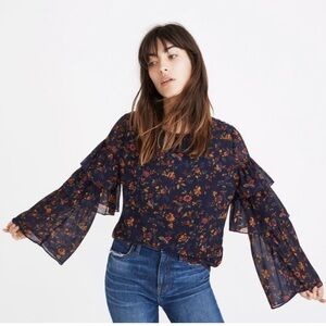 Madewell Navy Floral Bell Sleeve Blouse, Medium